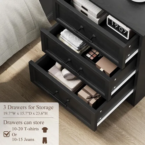 Miniatura 6 de Mesita de noche con estación de carga, Mesa auxiliar estilo granja de 19.7" con almacenamiento de 3 cajones, Mesa lateral de cama de madera