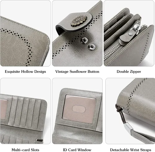 Miniatura 5 de BOSTANTEN Cartera de cuero genuino para mujer, de gran capacidad, cartera de mano con bloqueo RFID