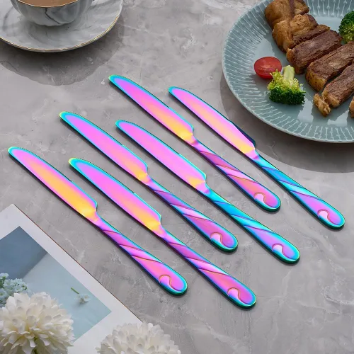 Miniatura 4 de Juego de cuchillos de cena arcoíris, cuchillo de carne arcoíris brillante de acero inoxidable para mesa, juego de 6 cuchillos de 23.37 cm
