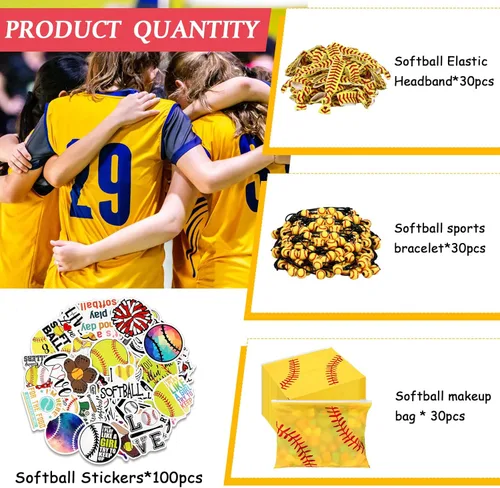 Miniatura 2 de Siifert 390 piezas de regalos de fiesta de sóftbol para mujeres, incluye 30 bolsas de maquillaje, 30 pulseras, 30 lazos para el cabello, 300