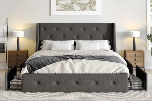 Miniatura 9 de SHA CERLIN Marco de cama tapizado de tamaño matrimonial con 4 cajones de almacenamiento y cabecera con respaldo de ala, diseño capitonado de botón