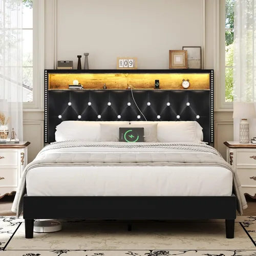 Miniatura 9 de HOMBCK - Base de cama de tamaño matrimonial con estación de carga y cabecera de almacenamiento, marco de cama tapizado de terciopelo con luces LED
