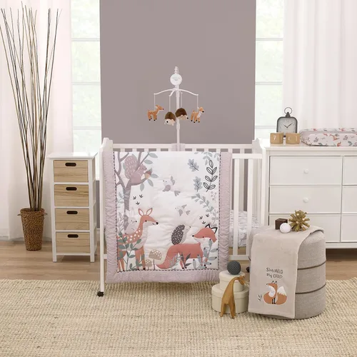 NoJo Little Love Woodland Meadow - Juego de ropa de cama de 3 piezas para cuna, mini edredón y dos sábanas bajeras para cuna, color gris pardo,