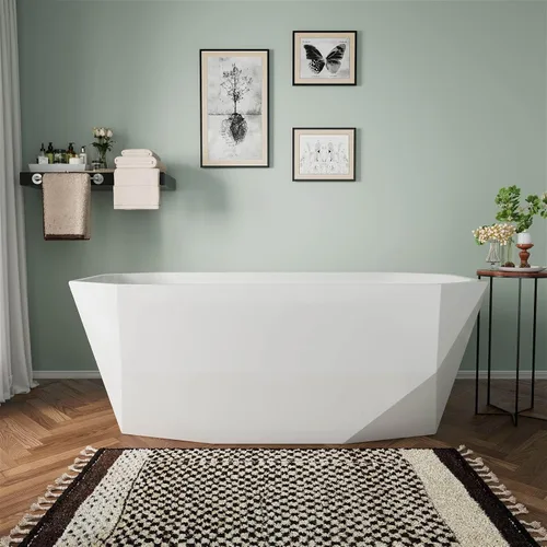 Miniatura 10 de Bañera independiente de resina de superficie sólida de 59 pulgadas, forma ovalada, moderna bañera de resina de piedra profunda con desbordamiento
