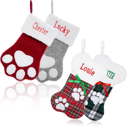 Calcetines de Navidad personalizados para perros y gatos, calcetín de Navidad bordado con nombre personalizado en forma de pata de mascota o hueso