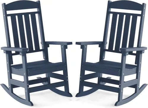 Miniatura 24 de FOOWIN Juego de sillas mecedoras de patio de 2 piezas, mecedora de porche con respaldo alto de HDPE, mecedora de porche de madera de polietileno