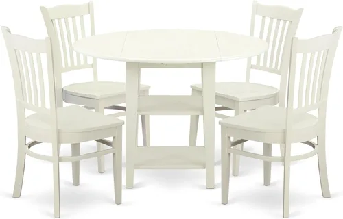 East West Furniture SUGR5-LWH-W - Juego de mesa de comedor de 5 piezas para 4 personas, incluye una mesa de cocina redonda con gotas y estantes y 4