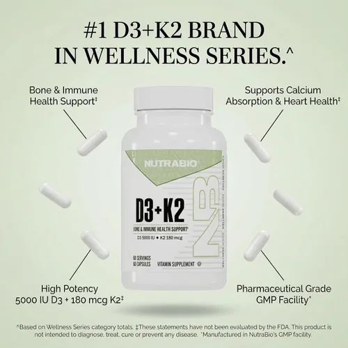 Miniatura 7 de NutraBio Vitamina D3 K2 5000 UI D3 como colecalciferol con vitamina K2 como MENA-Q MK7 (180 mcg) Apoya la salud ósea y cardíaca Sin OMG, sin