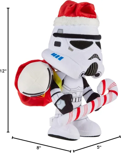 Miniatura 7 de Mattel Muñeco y adorno de Star Wars Stormtrooper, juguete suave de 10 pulgadas con gorra de Santa, bastón de caramelo y saco que almacena