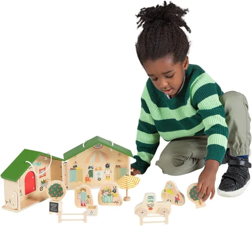 Miniatura 5 de Manhattan Toy Mercado de Granjeros 12 Piezas Juego de Figuras de Juguete de Madera Portátil para Simular Compras