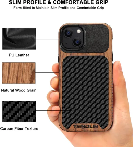 Miniatura 3 de TENDLIN Compatible con iPhone 13 mini - Funda de grano de madera con textura de fibra de carbono, funda híbrida de cuero compatible con iPhone 13