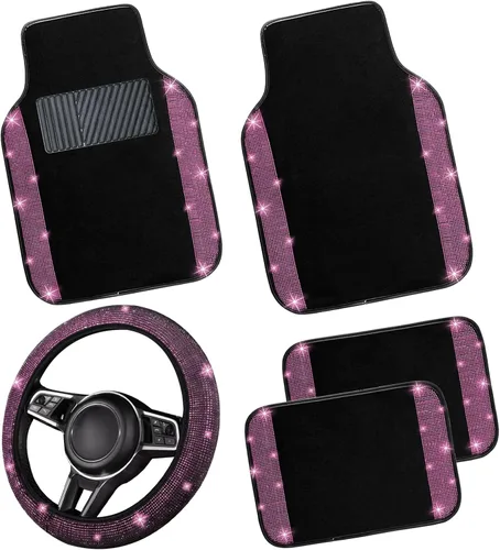 Miniatura 15 de NBTEPEM Juego completo de alfombrillas brillantes para piso de automóvil y funda para volante, ajuste universal para la mayoría de los automóviles