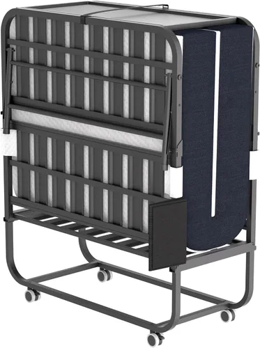 Cama plegable de 75 x 31 pulgadas con colchón para adultos, cama enrollable portátil con ruedas, cabecero y bolsillo, colchón de espuma