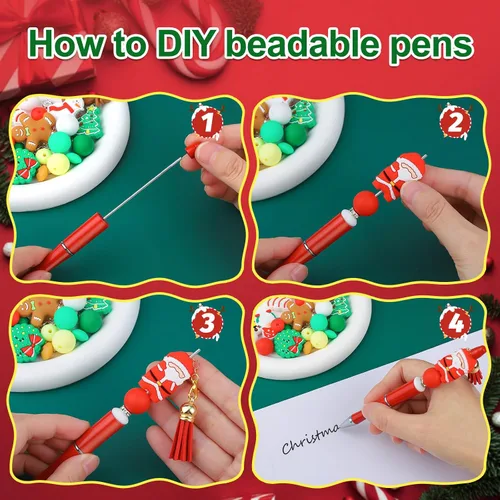 Miniatura 5 de CZWZ 8 piezas de bolígrafos de cuentas navideños, bolígrafos de plástico con cuentas y cuentas de silicona multicolor, bolígrafos navideños