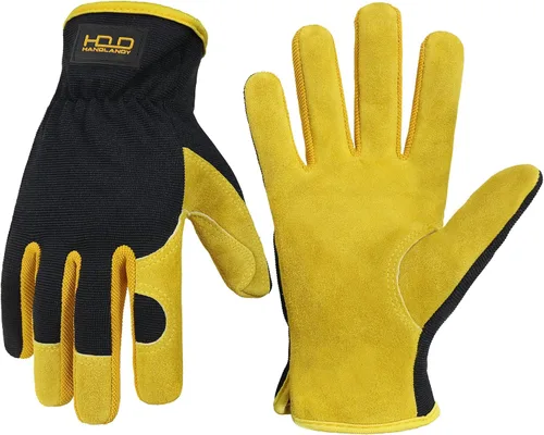 Miniatura 17 de HANDLANDY Guantes de jardinería de cuero para hombre, guantes de trabajo utilitarios para mecánicos, construcción, conductor 3 pares amarillo