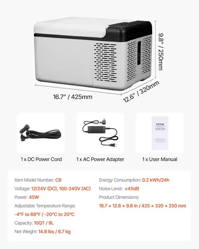 Miniatura 6 de VEVOR Refrigerador de automóvil de 12 V de 10 cuartos de galón, mini congelador portátil con control de aplicación, -4 ℉ a 68 ℉, 12/24 V CC
