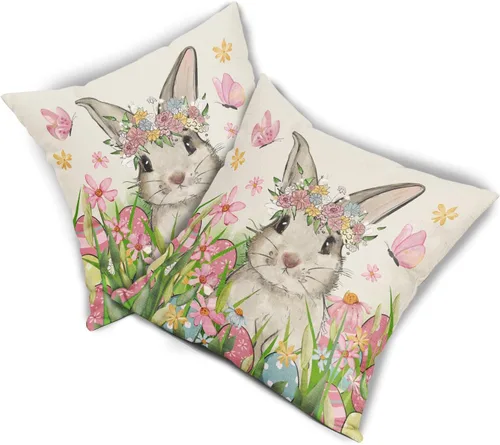 Miniatura 8 de Juego de 2 fundas de almohada de Pascua de 18 x 18 pulgadas, diseño de huevos de conejo, conejo, acuarela, rosa, azul, floral, con temática