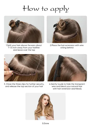 Miniatura 6 de SARLA Extensiones de cabello con alambre invisible con 3 clips, postizo sintético corto, ondulado, rizado, diadema ajustable transparente