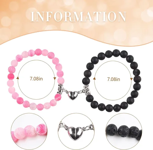 Miniatura 54 de 2 pulseras magnéticas para parejas, piedra natural negra mate, cristal para votos de amor eterno, juego de pulseras de cuentas de piedra de energía