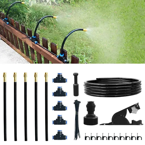 Quibbay Sistema de riego por goteo de 16.4 pies, sistema automático de riego de jardín con gotero de flexión de 360 grados, sistema de riego