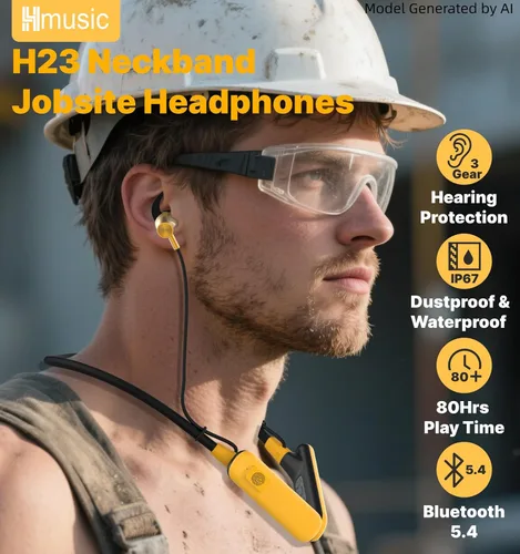 Miniatura 2 de Hmusic H23 Jobsite - Auriculares inalámbricos con reducción de ruido de 30 dB, impermeable IP67, batería de 80 horas, micrófono con cancelación