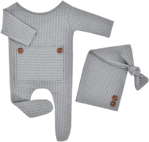 Miniatura 6 de Winmany Traje de punto de ganchillo para bebé, accesorios para fotografía de recién nacido, accesorios de disfraz para 0-2 meses Gris