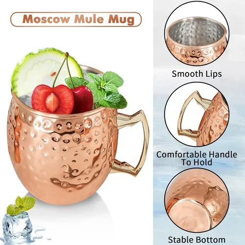 Miniatura 5 de Moscow Mule - Juego de 4 tazas de cobre chapadas de 18 onzas con asa, tazas grandes de acero inoxidable martillado con doble jigger de 0.5 onzas