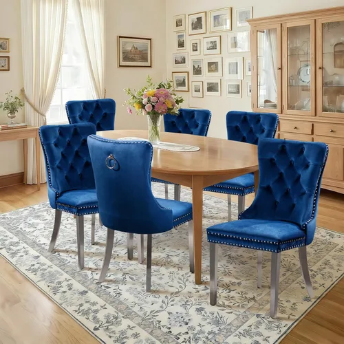 Miniatura 120 de Juego de 4 sillas de comedor de terciopelo, sillas de comedor tapizadas con ribete de cabeza de clavo y patas de madera maciza para cocina