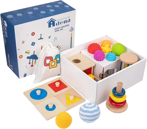 Adena Montessori - Kit de juego para bebés de 7-8 meses, juguetes educativos de aprendizaje 9 en 1 para niños pequeños, incluye caja de permanencia