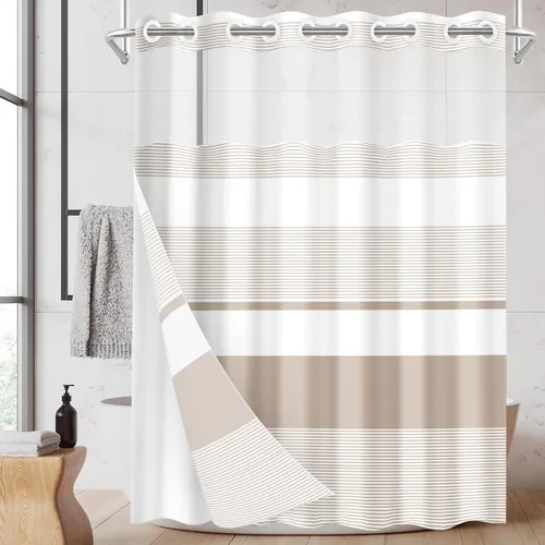 Juego de cortina de ducha beige sin gancho con forro de tela a presión, diseño bohemio, a rayas, moderno, doble capa, tela impermeable con ventana