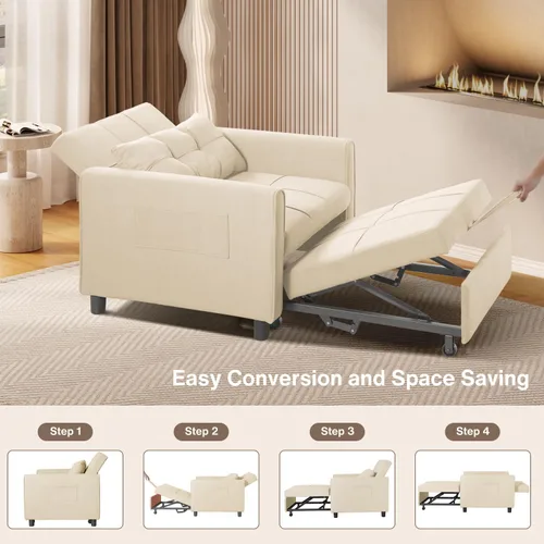 Miniatura 4 de Aiho - Silla de dormir convertible, sofá cama 3 en 1 con diseño ajustable, almohada y bolsillo - Cama plegable para apartamento (Beige)