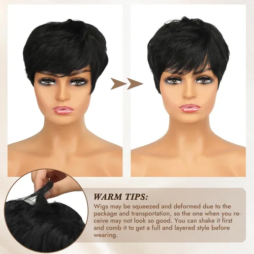 Miniatura 2 de RUWISS Peluca de cabello humano con corte Pixie, peluca de cabello humano con flequillo, peluca negra corta natural en capas, ondulada, diferentes
