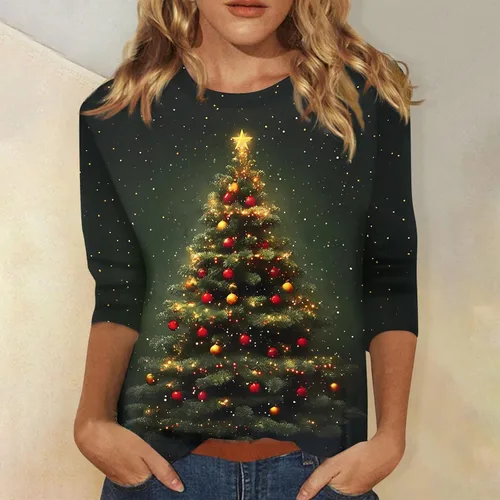 Miniatura 108 de Camisetas de manga 3/4 para mujer, cuello redondo, holgadas, casuales, con estampado floral, camisetas de moda para el trabajo de negocios