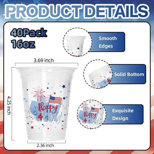 Miniatura 2 de 40 tazas para el 4 de julio, vasos patrióticos de plástico de 16 onzas, tazas desechables de fiesta de banderas estadounidenses, tazas de 250