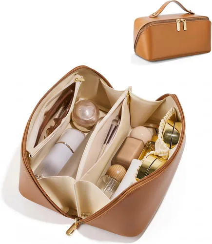 Miniatura 15 de Bolsa de cosméticos de viaje de gran capacidad - Bolsas de maquillaje portátiles para mujeres, impermeable, de cuero PU a cuadros, con organizador