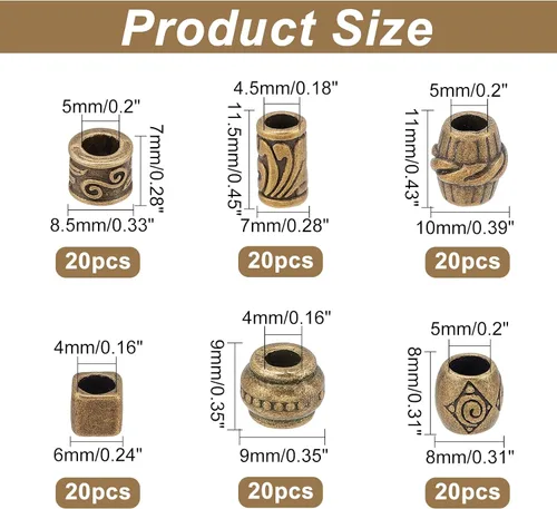 Miniatura 2 de NBEADS 110 cuentas para el cabello, 6 estilos africanos y tibetanos, cuentas espaciadoras de estilo africano, aleación de bronce antiguo, agujero