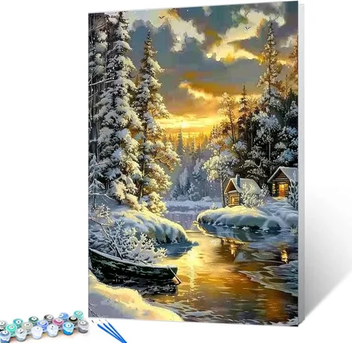 Miniatura 9 de Pintura enmarcada con árbol del bosque amarillo por números para adultos, niños, principiantes, kit de pintura de río de montaña, 16 x 20 pulgadas