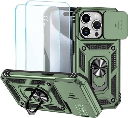 Miniatura 19 de SunStory Funda compatible con iPhone 15 con protector de pantalla HD, cubierta de cámara deslizante y soporte de anillo giratorio, [grado militar]