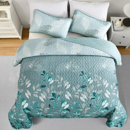 Miniatura 3 de WONGS BEDDING Juego de edredón floral tamaño Queen, 3 piezas, colcha con hojas botánicas en color agua, juego de edredón con 2 fundas de almohada