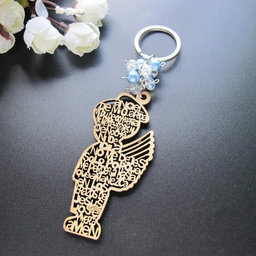 Miniatura 2 de Llavero de madera con diseño de bautizo azul para niño con ángel, recuerdos de bautizo, bautizo, con bolsas de regalo de organza, 12 unidades, 3