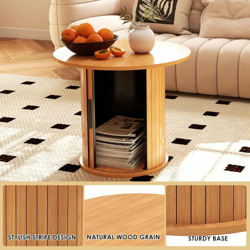 Miniatura 5 de COSVALVE Mesa de Café Redonda de Madera 60CM con Almacenamiento Oculto y Puerta Deslizante, Conjunto de Mesas Auxiliares Circulares de Estilo Granja
