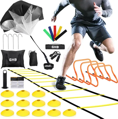 GHB Agility Ladder,Football Training Equipment Set,4 Agility Hurdles, 20 feet12 Rungs Speed Ladder,12 Disc Cones,Resistance Parachute, Jump Rope, 5
