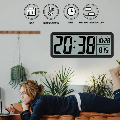 Miniatura 3 de Reloj de pared digital grande de 8.5 pulgadas, funciona con batería o enchufe, reloj digital LCD con pantalla grande con hora, fecha y temperatura