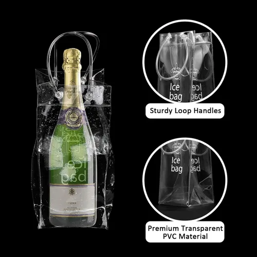 Miniatura 7 de Paquete de 3 bolsas portátiles para vino helado, bolsa plegable de PVC transparente, bolsa enfriadora de vino, bolsa fría de vino con asa