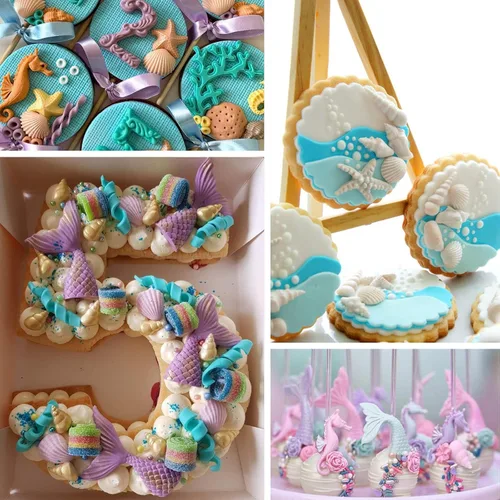 Miniatura 7 de Sakolla 4 piezas de moldes de silicona para fondant con tema marino, moldes de silicona en forma de cola de sirena, concha marina y estrella de mar