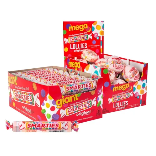 Smarties Paquete variado de caramelos, caja de rollos gigantes de 34 onzas, 36 rollos, doble Lollies Mega 24 unidades, sin gluten y vegano, sin maní