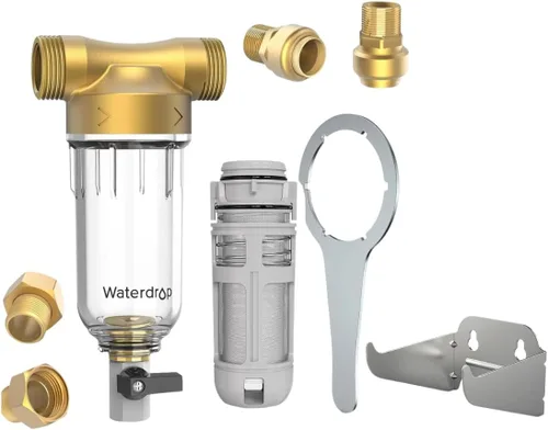 Waterdrop Filtro de sedimentos giratorio, con soporte, sistema de filtro de agua para toda la casa para agua de pozo, 1 pulgada MNPT + 3/4 pulgadas