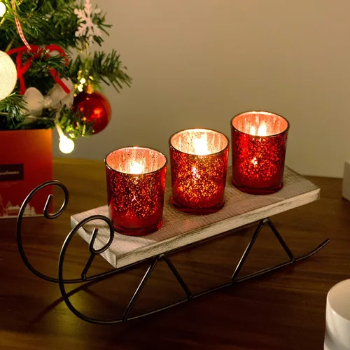 Miniatura 2 de Diamond Star Portavelas de Navidad, candelabros de cristal de mercurio, candelabro votivo decorativo para el hogar (rojo)