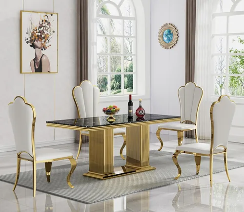 Miniatura 29 de Juego de mesa de comedor de mármol negro de lujo para 4, mesa de cocina dorada de 70 pulgadas y 4 sillas de cuero negro, juego de 5 mesas de comedor
