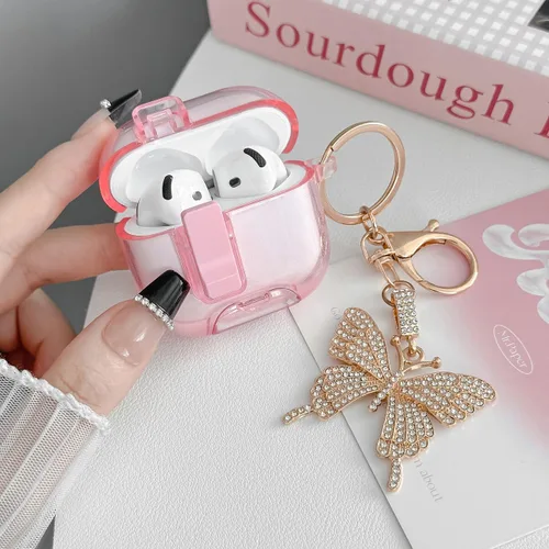 Miniatura 2 de Bonita funda rosa para Airpods de 4 generación con cerradura y llavero de mariposa brillante para mujeres femeninas, funda rígida transparente única